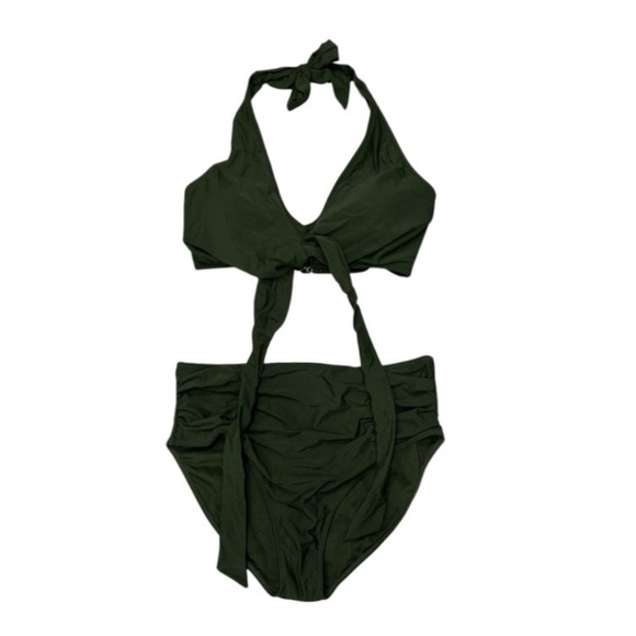 Halter High Waist Two-Piece Swimsuit Tie Knot Green NWOT‎ - Picture 1 of 10